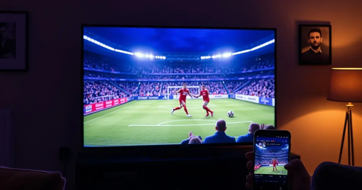 Two screens in a dark living room both showing live football, a phone and a television