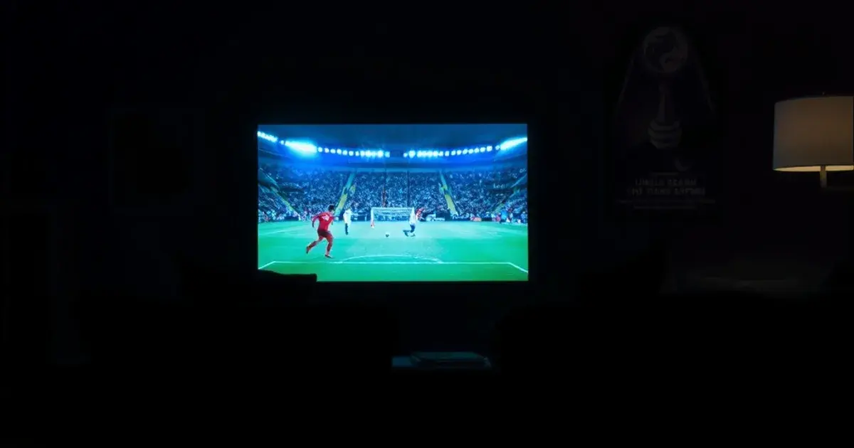 A dark living room lit by a TV frozen mid-buffer during a night football match, router lights visible in the foreground
