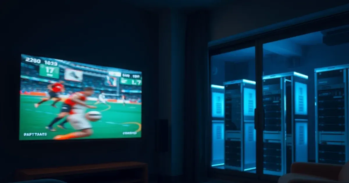 A dark living room at night with a television flickering between a live football broadcast and a network block screen, server lights glowing faintly in the background