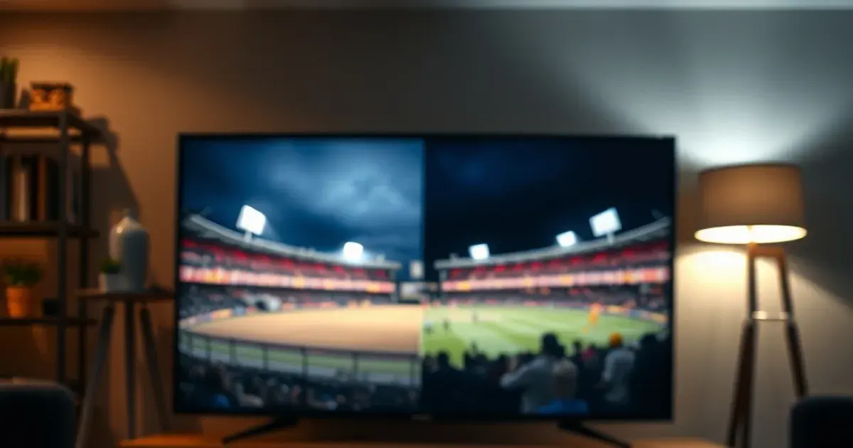 A UK living room at night with a smart TV glowing between cricket stadium floodlights and a football pitch, a phone with a signal graphic on the table beside a cup of chai