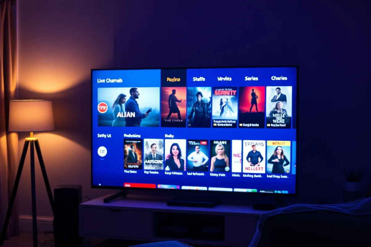 A large television in a dark UK living room showing a grid of live channels and on-demand titles